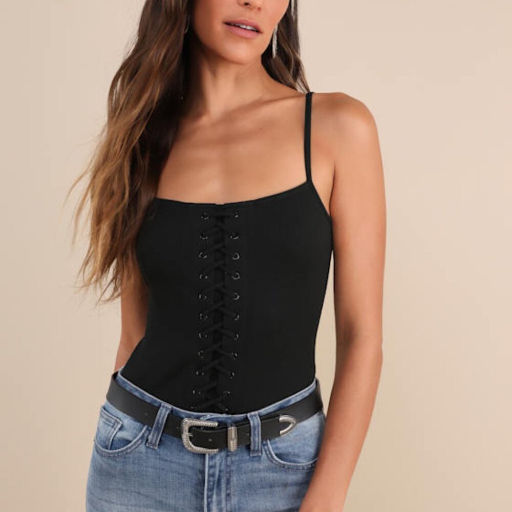 Lulus Refreshing Update Black Ribbed Lace-up Sleeveless Bodysuit - Size M